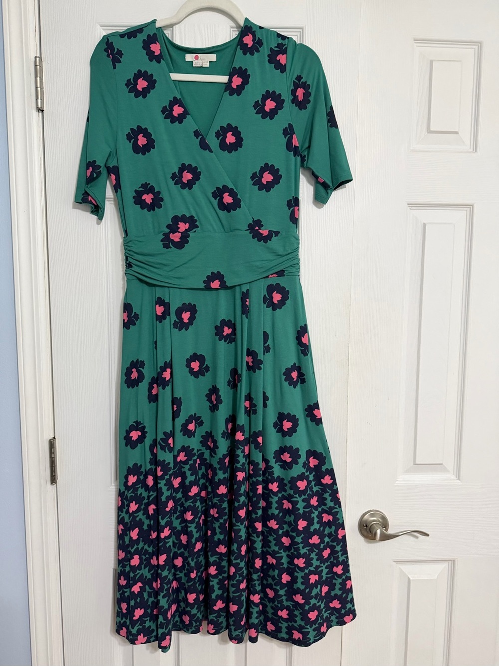 Boden Green Midi Dress with Pink & Navy Floral Print